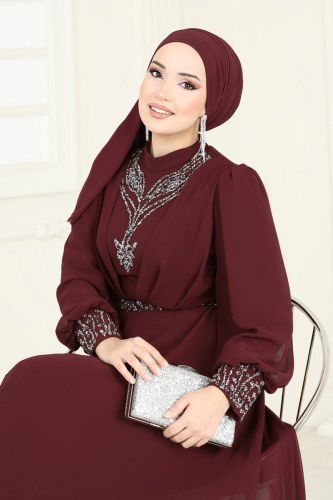 moda selvim Taş Detaylı Şifon Abiye 7084AB368 Bordo - Thumbnail