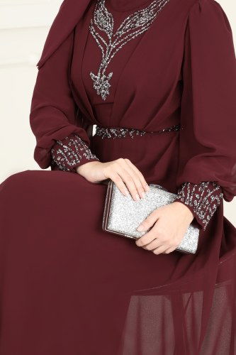 moda selvim Taş Detaylı Şifon Abiye 7084AB368 Bordo - Thumbnail