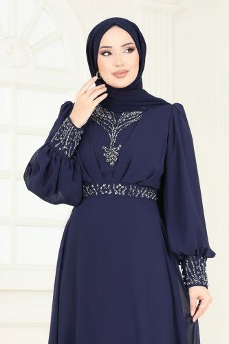 moda selvim Taş Detaylı Şifon Abiye 7084AB368 Laci - Thumbnail