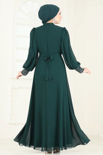 moda selvim Taş Detaylı Şifon Abiye 7084AB368 Zümrüt - Thumbnail