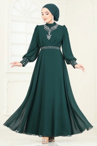 moda selvim Taş Detaylı Şifon Abiye 7084AB368 Zümrüt - Thumbnail