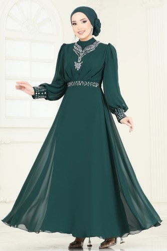 moda selvim Taş Detaylı Şifon Abiye 7084AB368 Zümrüt - Thumbnail