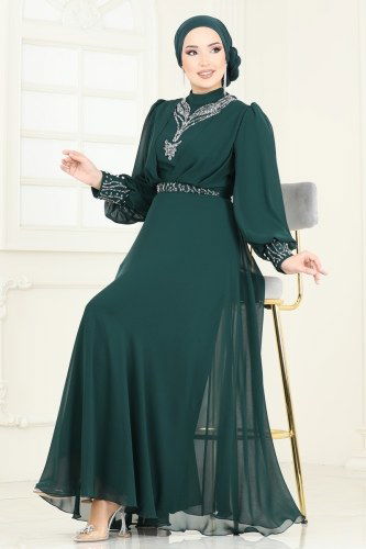 moda selvim Taş Detaylı Şifon Abiye 7084AB368 Zümrüt - Thumbnail
