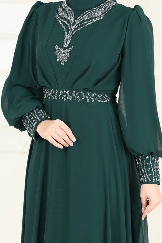 moda selvim Taş Detaylı Şifon Abiye 7084AB368 Zümrüt - Thumbnail