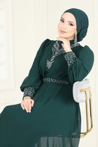 moda selvim Taş Detaylı Şifon Abiye 7084AB368 Zümrüt - Thumbnail