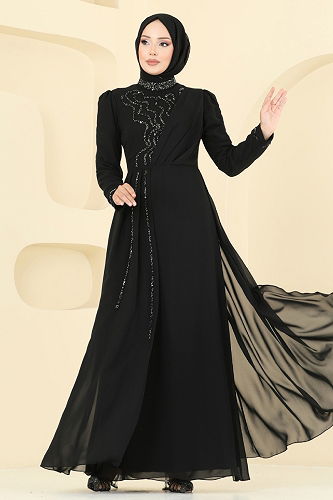 moda selvim Taş Detaylı Şifon Abiye 8019AB368 Siyah - Thumbnail