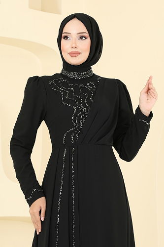 moda selvim Taş Detaylı Şifon Abiye 8019AB368 Siyah - Thumbnail