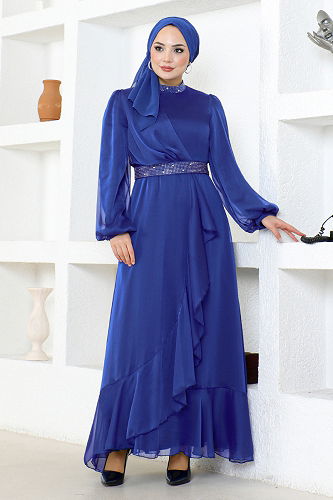 moda selvim Taş Detaylı Şifon Abiye END5608-M Saks - Thumbnail