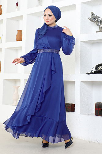 moda selvim Taş Detaylı Şifon Abiye END5608-M Saks - Thumbnail