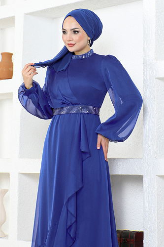 moda selvim Taş Detaylı Şifon Abiye END5608-M Saks - Thumbnail