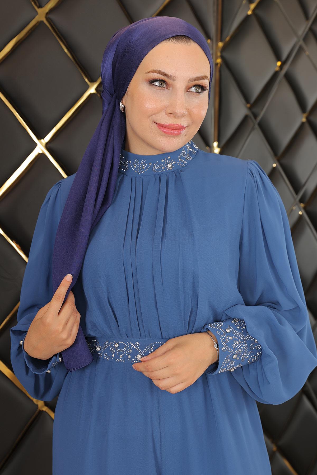 Taş Detaylı Şifon Abiye MİH19153-M Mavi