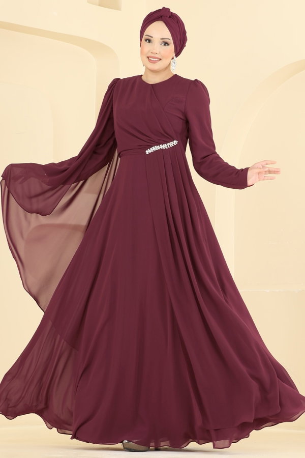 Modaselvim ABİYE Taş Detaylı Şifon Şık Abiye 4016ARL1089 Bordo
