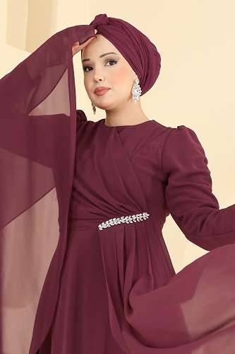 moda selvim Taş Detaylı Şifon Şık Abiye 4016ARL1089 Bordo - Thumbnail