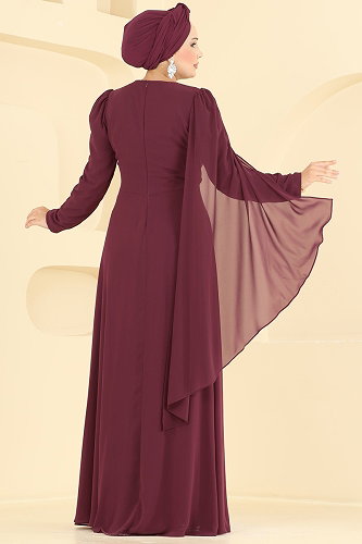 moda selvim Taş Detaylı Şifon Şık Abiye 4016ARL1089 Bordo - Thumbnail