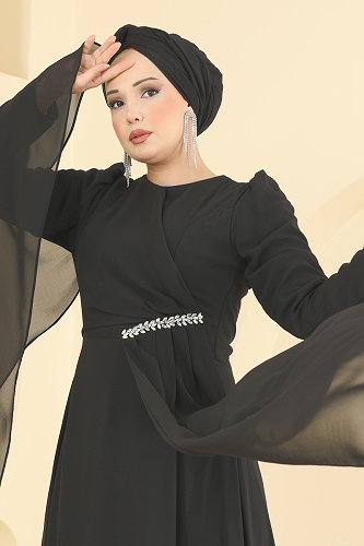 moda selvim Taş Detaylı Şifon Şık Abiye 4016ARL1089 Siyah - Thumbnail
