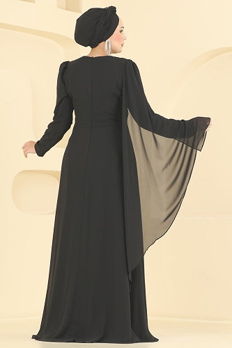 moda selvim Taş Detaylı Şifon Şık Abiye 4016ARL1089 Siyah - Thumbnail