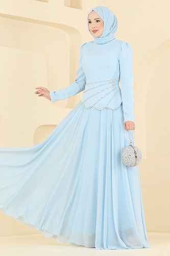 moda selvim Taş Detaylı Şık Abiye 5710DMNK1166 Bebe Mavisi - Thumbnail