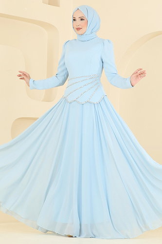 moda selvim Taş Detaylı Şık Abiye 5710DMNK1166 Bebe Mavisi - Thumbnail