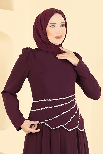 moda selvim Taş Detaylı Şık Abiye 5710DMNK1166 Mürdüm - Thumbnail