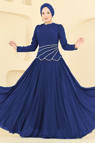 moda selvim Taş Detaylı Şık Abiye 5710DMNK1166 Saks - Thumbnail