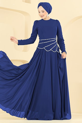 moda selvim Taş Detaylı Şık Abiye 5710DMNK1166 Saks - Thumbnail