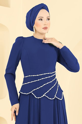 moda selvim Taş Detaylı Şık Abiye 5710DMNK1166 Saks - Thumbnail