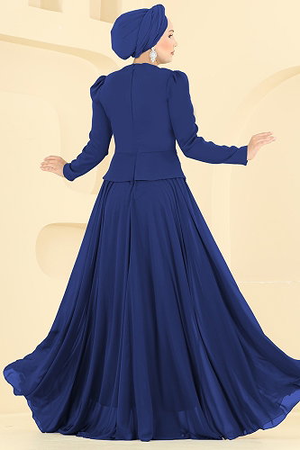 moda selvim Taş Detaylı Şık Abiye 5710DMNK1166 Saks - Thumbnail