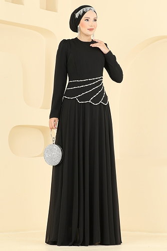 moda selvim Taş Detaylı Şık Abiye 5710DMNK1166 Siyah - Thumbnail