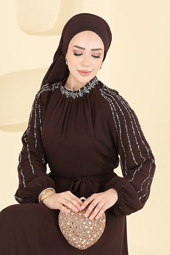 moda selvim Taş Detaylı Şık Abiye 5819EDFK1198 Açık Kahve - Thumbnail