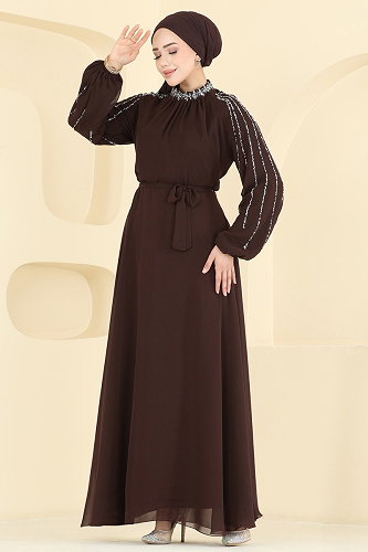moda selvim Taş Detaylı Şık Abiye 5819EDFK1198 Açık Kahve - Thumbnail