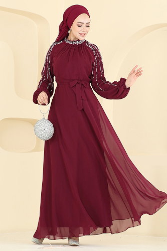 moda selvim Taş Detaylı Şık Abiye 5819EDFK1198 Bordo - Thumbnail