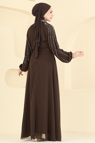 moda selvim Taş Detaylı Şık Abiye 5819EDFK1198 Kahve - Thumbnail