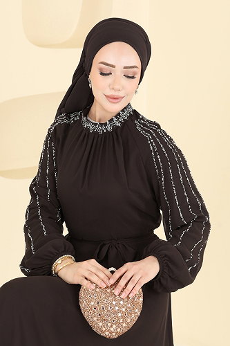 moda selvim Taş Detaylı Şık Abiye 5819EDFK1198 Kahve - Thumbnail