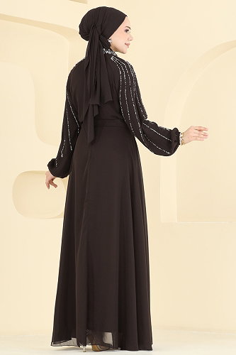 moda selvim Taş Detaylı Şık Abiye 5819EDFK1198 Kahve - Thumbnail
