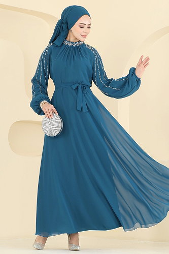 moda selvim Taş Detaylı Şık Abiye 5819EDFK1198 Petrol - Thumbnail