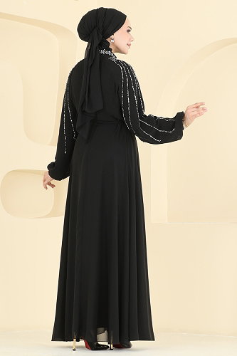 moda selvim Taş Detaylı Şık Abiye 5819EDFK1198 Siyah - Thumbnail