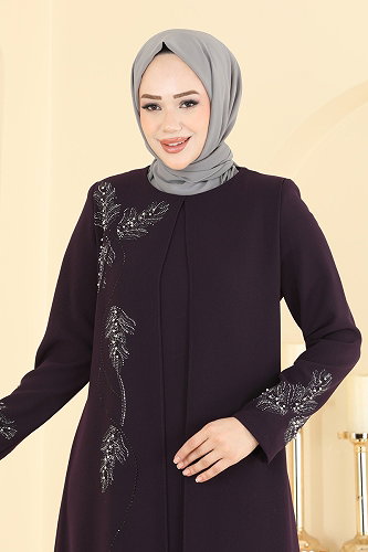 moda selvim Taş Detaylı Şık Abiye 7008OZT1013 Mürdüm - Thumbnail