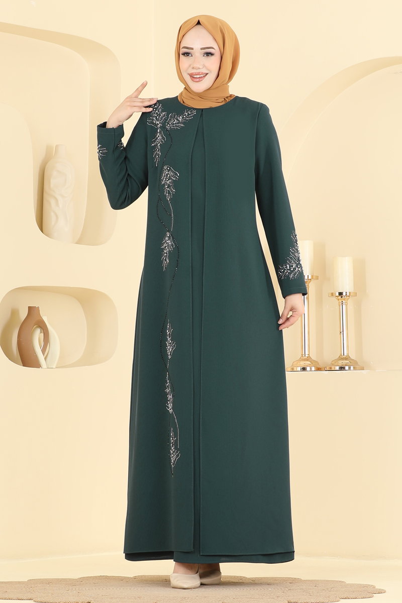 Taş Detaylı Şık Abiye 7008OZT1013 Zümrüt - Moda Selvim