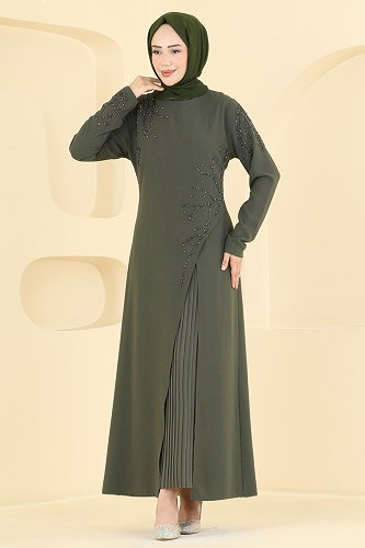 moda selvim Taş Detaylı Şık Abiye 8063AB368 Haki - Thumbnail
