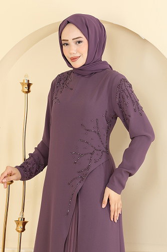 moda selvim Taş Detaylı Şık Abiye 8063AB368 Koyu Lila - Thumbnail