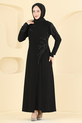 moda selvim Taş Detaylı Şık Abiye 8063AB368 Siyah - Thumbnail