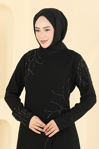 moda selvim Taş Detaylı Şık Abiye 8063AB368 Siyah - Thumbnail
