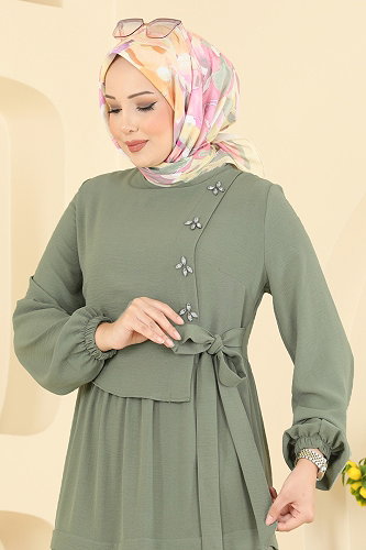 moda selvim Taş Detaylı Şık Elbise 2885SLK540 Çağla - Thumbnail