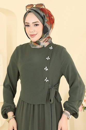 moda selvim Taş Detaylı Şık Elbise 2885SLK540 Haki - Thumbnail