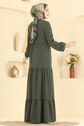 moda selvim Taş Detaylı Şık Elbise 2885SLK540 Haki - Thumbnail