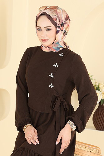 moda selvim Taş Detaylı Şık Elbise 2885SLK540 Kahve - Thumbnail