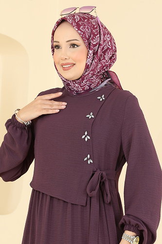 moda selvim Taş Detaylı Şık Elbise 2885SLK540 Koyu Lila - Thumbnail