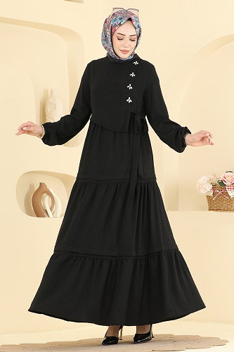 moda selvim Taş Detaylı Şık Elbise 2885SLK540 Siyah - Thumbnail