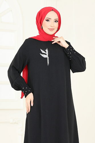 moda selvim Taş Detaylı Şık Elbise 3077HBS856 Siyah - Thumbnail