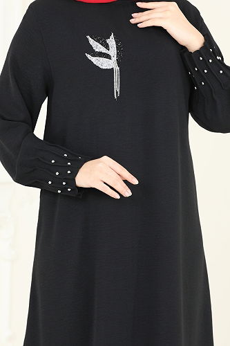 moda selvim Taş Detaylı Şık Elbise 3077HBS856 Siyah - Thumbnail